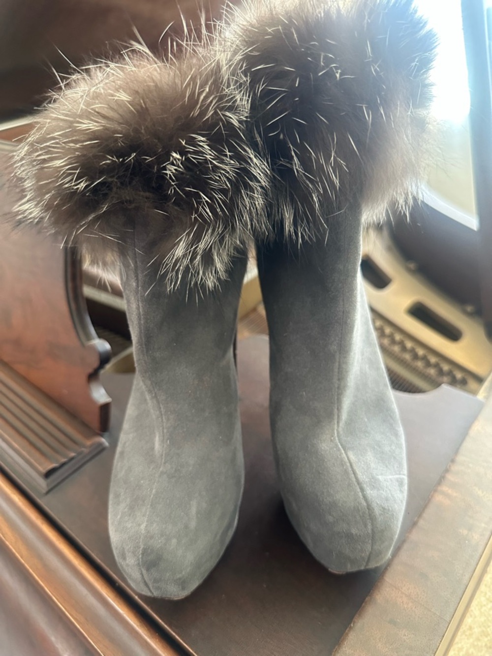 Lux Fur Cuff Suede Stiletto Bootie - Gray - Picture 4 of 6